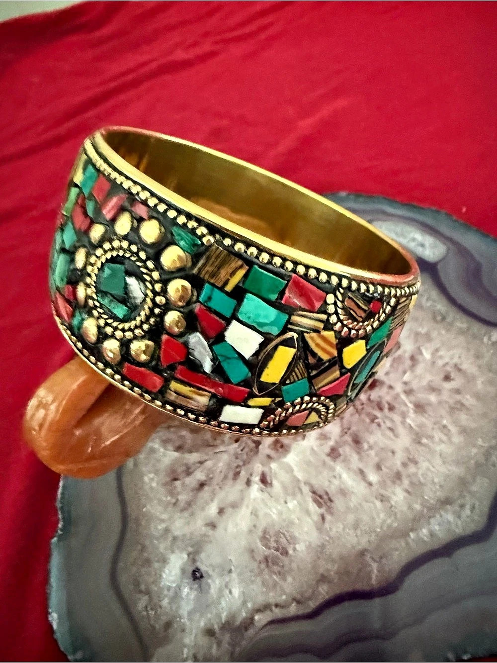 Turquoise and Coral Mosaic inlay Cuff Bracelet in brass metal
